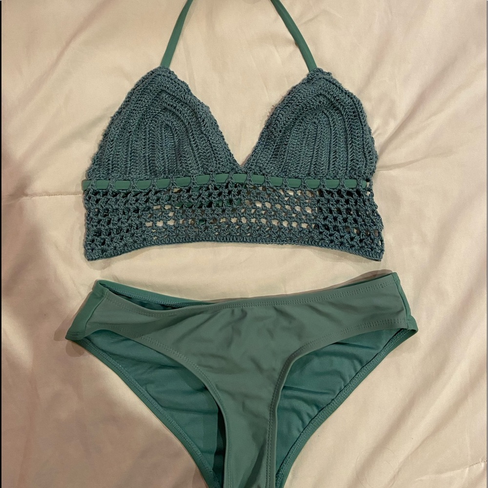 teal two piece swim suit